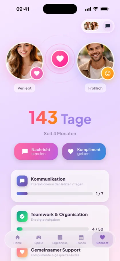 Connect-Seite mit Beziehungszähler 143 Tage, Stimmungen und Komplimenten