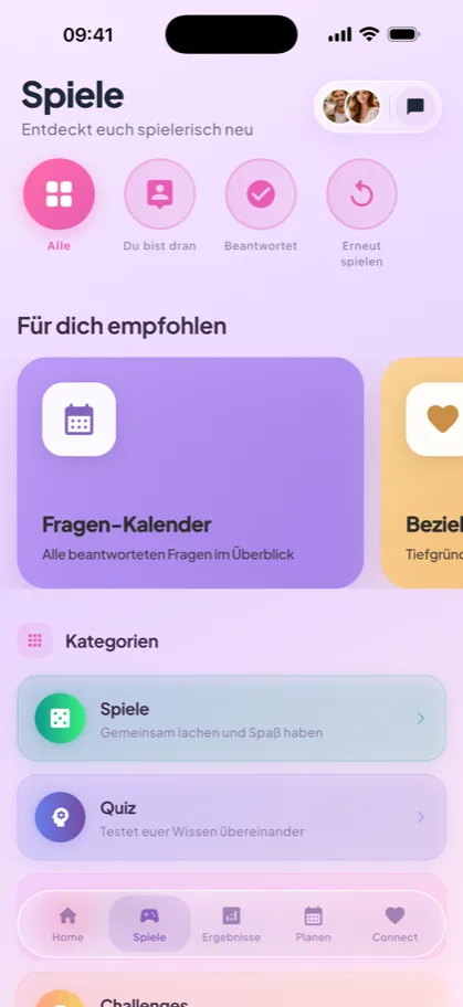 Spiele-Übersicht mit Empfehlungen und Kategorien wie Spiele und Quiz