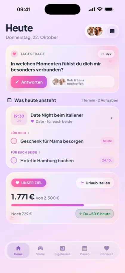 Startseite „Heute“ mit Tagesfrage, der Date Night am Abend, zwei Aufgaben und dem gemeinsamen Sparziel Urlaub Italien