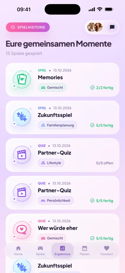 Spielhistorie mit gemeinsam gespielten Quiz und Spielen