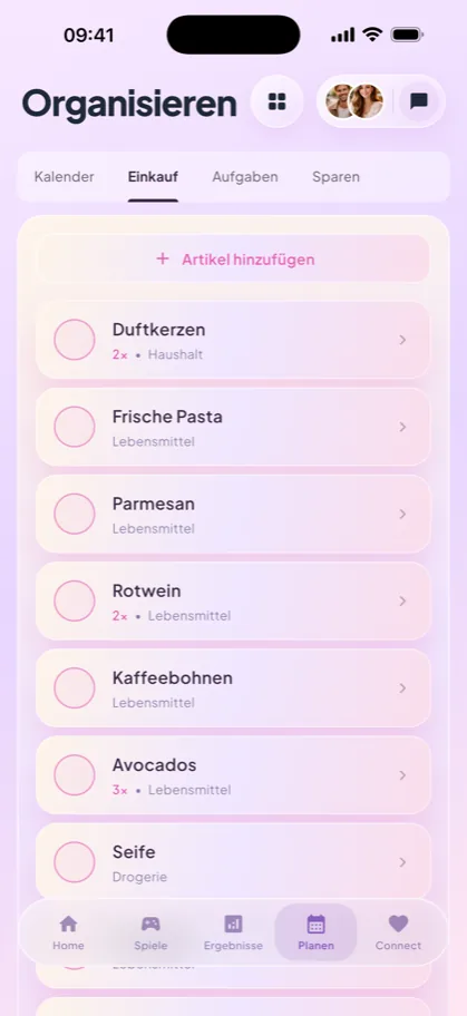Gemeinsame Einkaufsliste mit Artikeln, Mengen und Kategorien